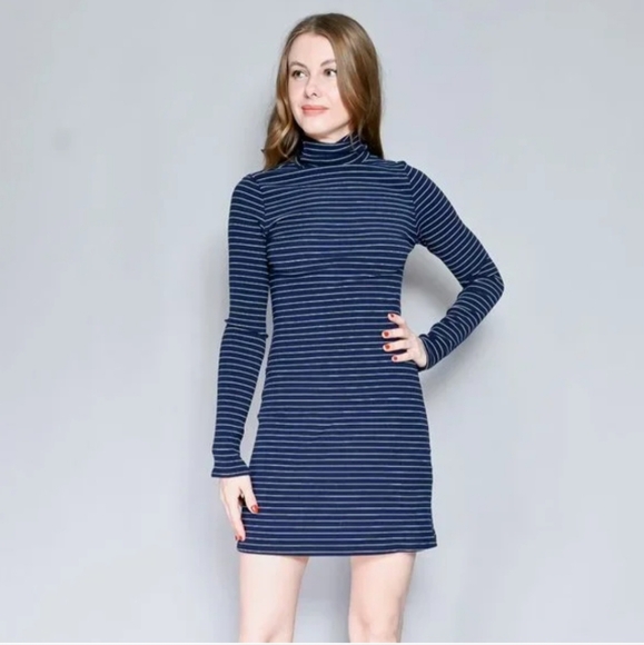 Reformation Blue Striped Ribbed Turtleneck Long Sleeve Mini Dress - Picture 1 of 9